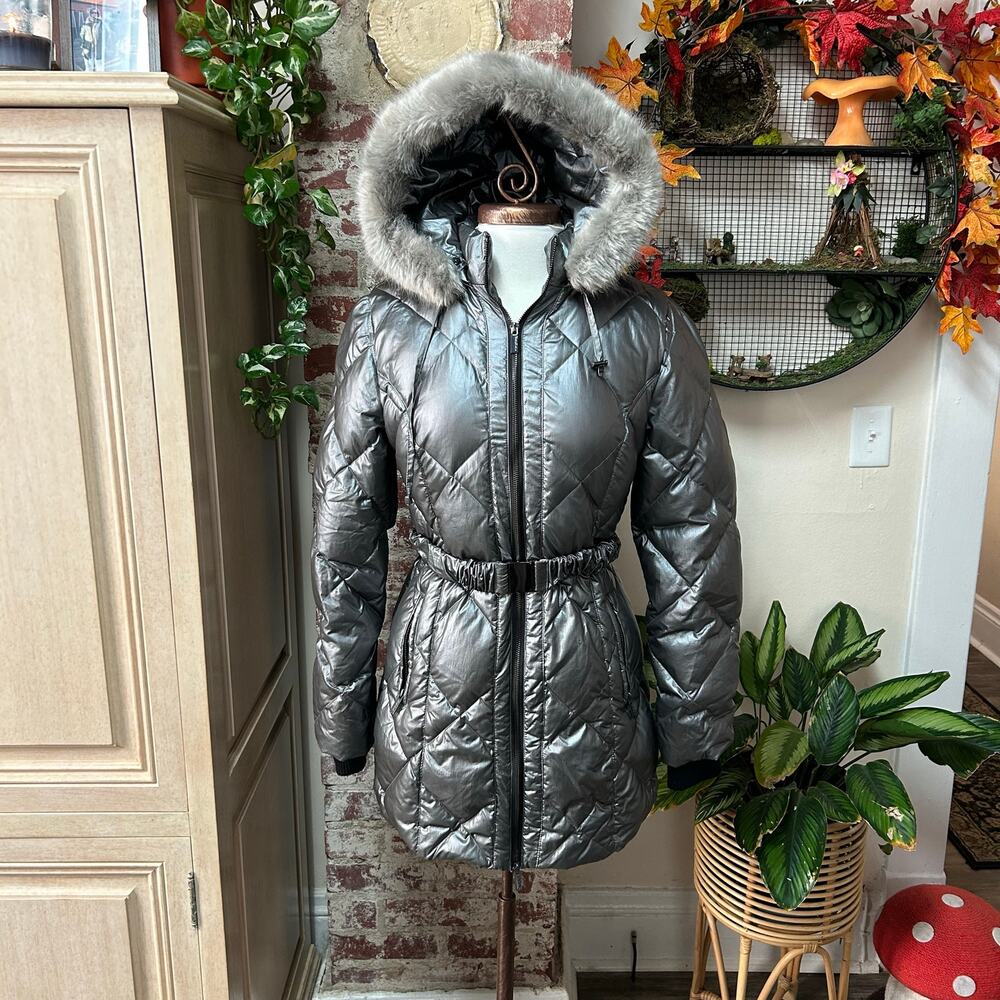 Y2K Bebe Diamond Quilted Puffer Jacket with Faux Fur Hood Medium